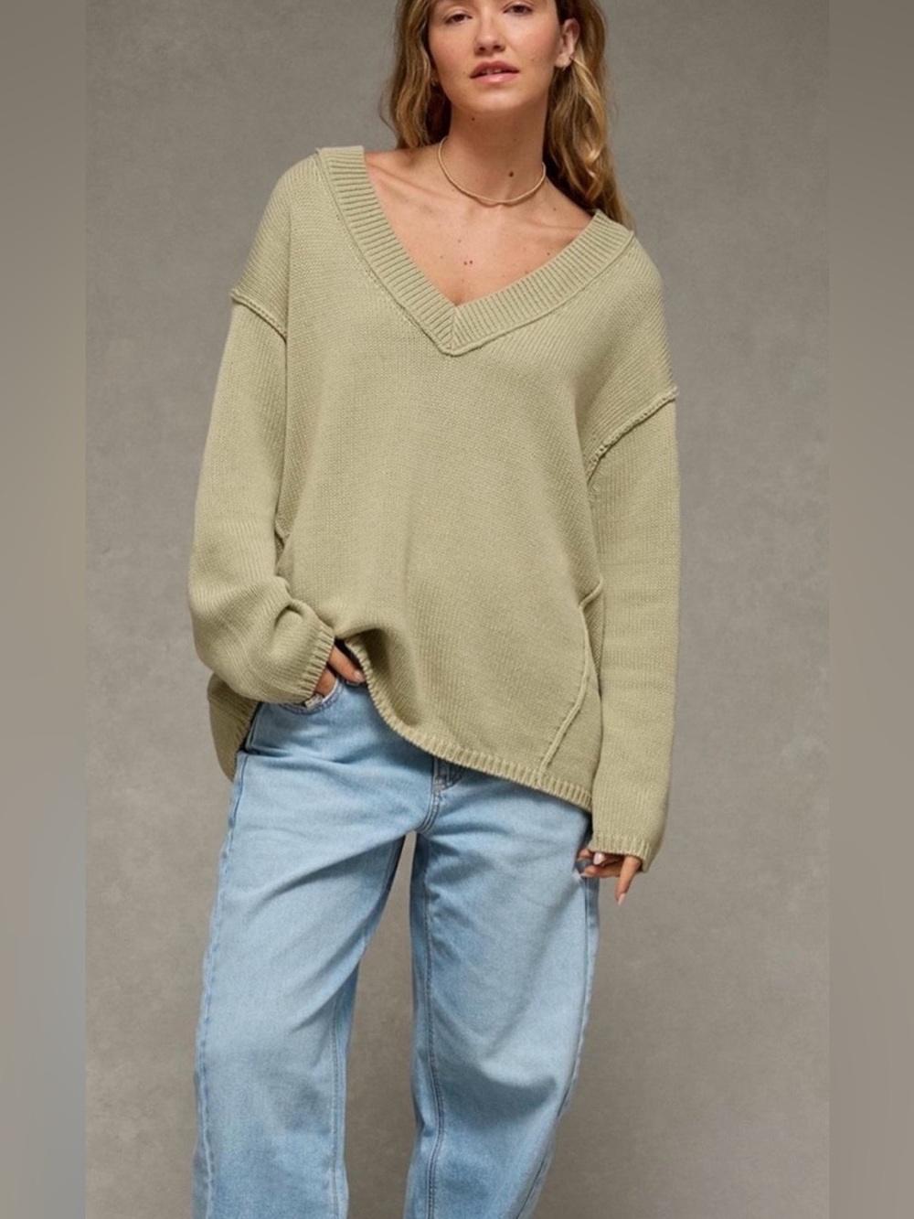 NWT - American Eagle Outfitters “Big Hug” V-Neck Oversized Sweater in Olive